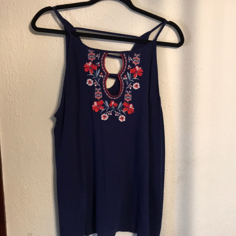 Navy Floral Embroidered Cage Tank